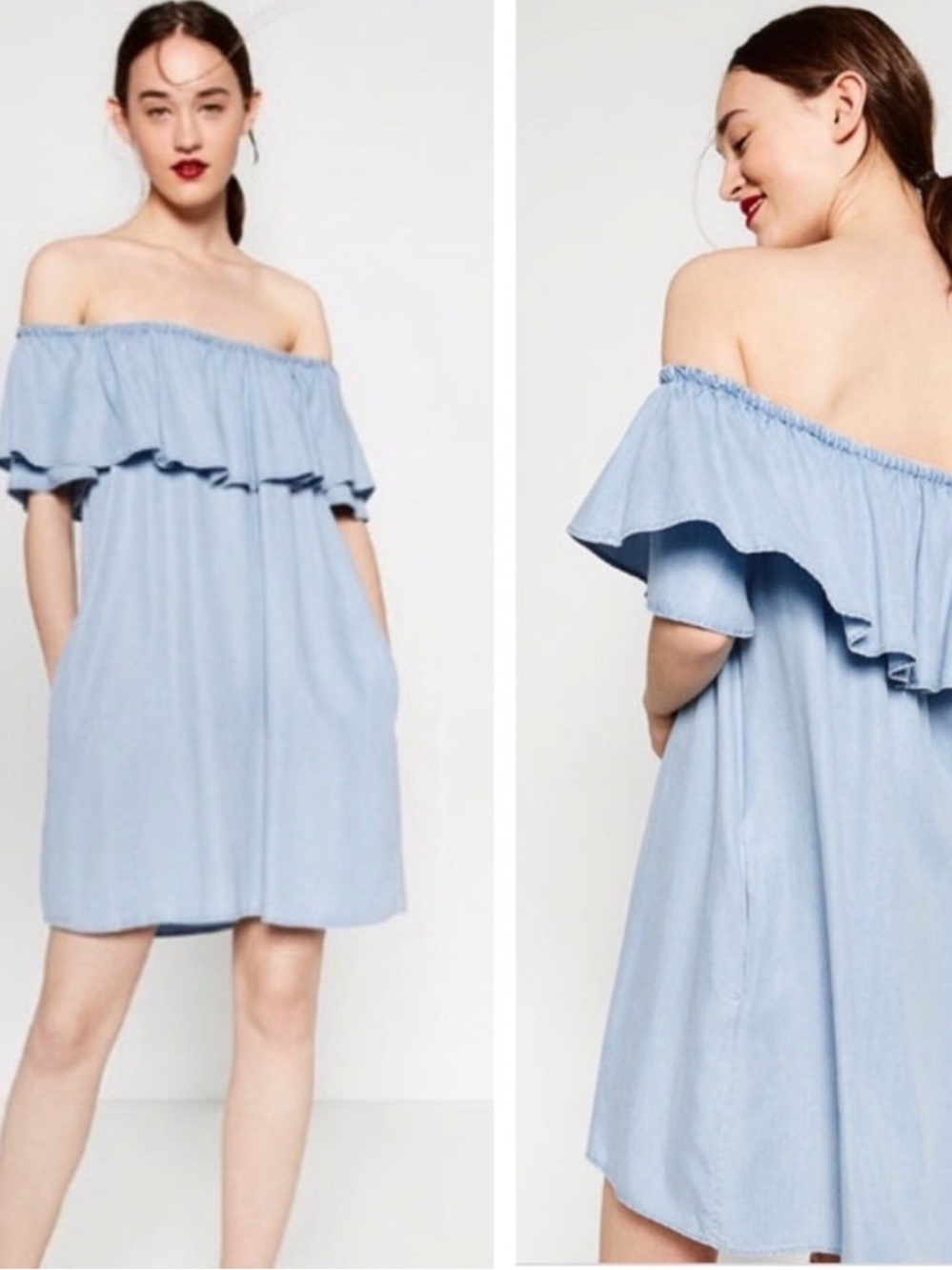 Zara Premium Denim Off-Shoulder Ruffle Mini Dress